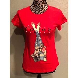 Sister Fashion Junior's Women's Red Relax Moment Fashion Rhinestones  Shirt Top
